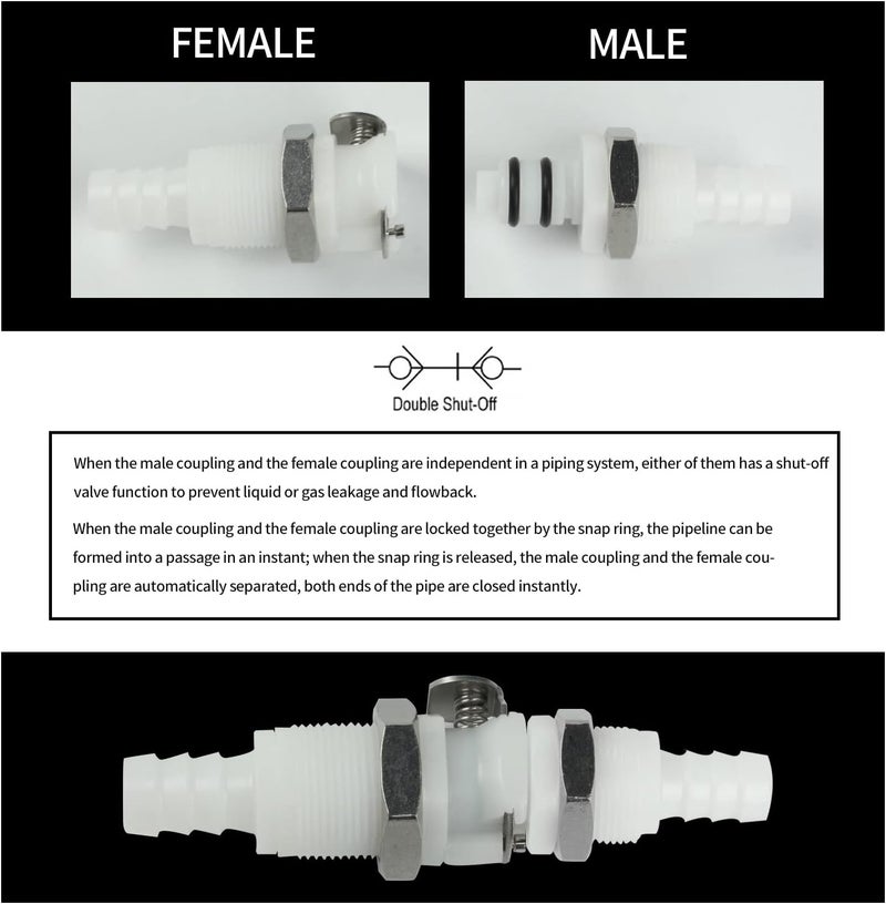 BBTUS 2PCS 1/4" 3/8" 5/16" Plastic Tube in-line Hose Quick Connector with Shut-Off valve, Panel Mounting Quick Release Coupling, Male Quick Connect Barbed Fittings (2x Male Connector) - Image 4